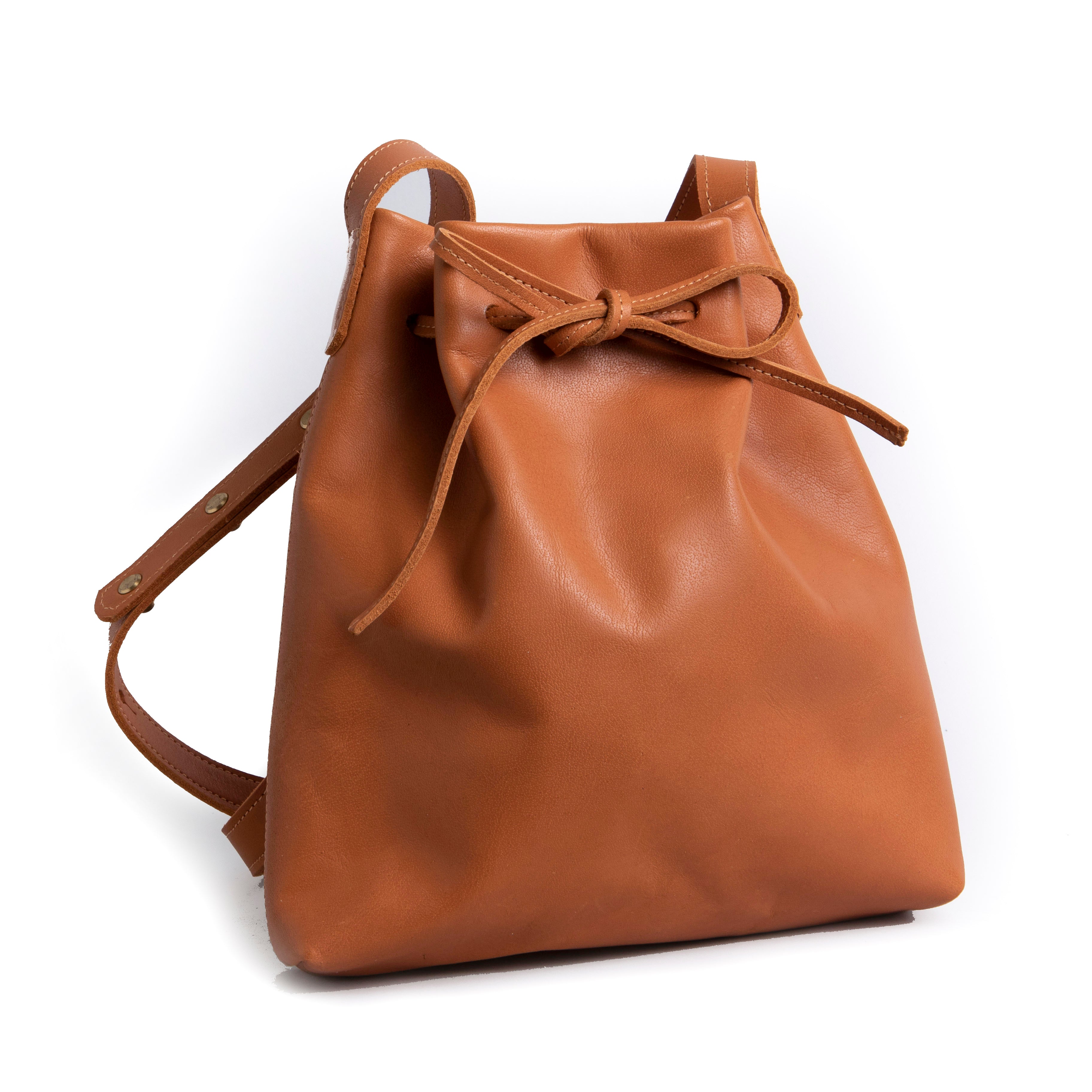 Brown Leather Bucket Bag Drawstring Bag Medium Purse Womens