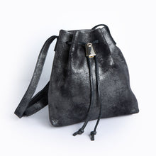 Load image into Gallery viewer, &lt;b&gt;Darlene&lt;/b&gt;&lt;br&gt; &lt;p&gt;&lt;font size=“3px”&gt; Black Metallic Leather Drawstring With Metal Closure &lt;/font&gt;&lt;/p&gt;
