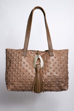 Load image into Gallery viewer, &lt;b&gt;Stacie&lt;/b&gt;&lt;br&gt; &lt;p&gt;&lt;font size=“3px”&gt; Taupe Pyramid Tote With Horn Tassel&lt;/font&gt;&lt;/p&gt;
