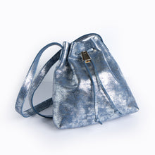 Load image into Gallery viewer, &lt;b&gt;Darlene&lt;/b&gt;&lt;br&gt; &lt;p&gt;&lt;font size=“3px”&gt; Denim Metallic  Leather Drawstring With Metal Closure    &lt;/font&gt;&lt;/p&gt;
